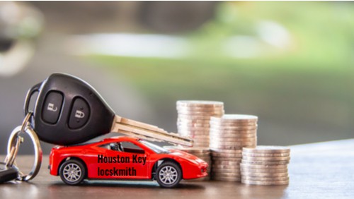 a control car key on top of a red car with Houston key locksmith sign. next to dollar coins suggesting how much a locksmith cost