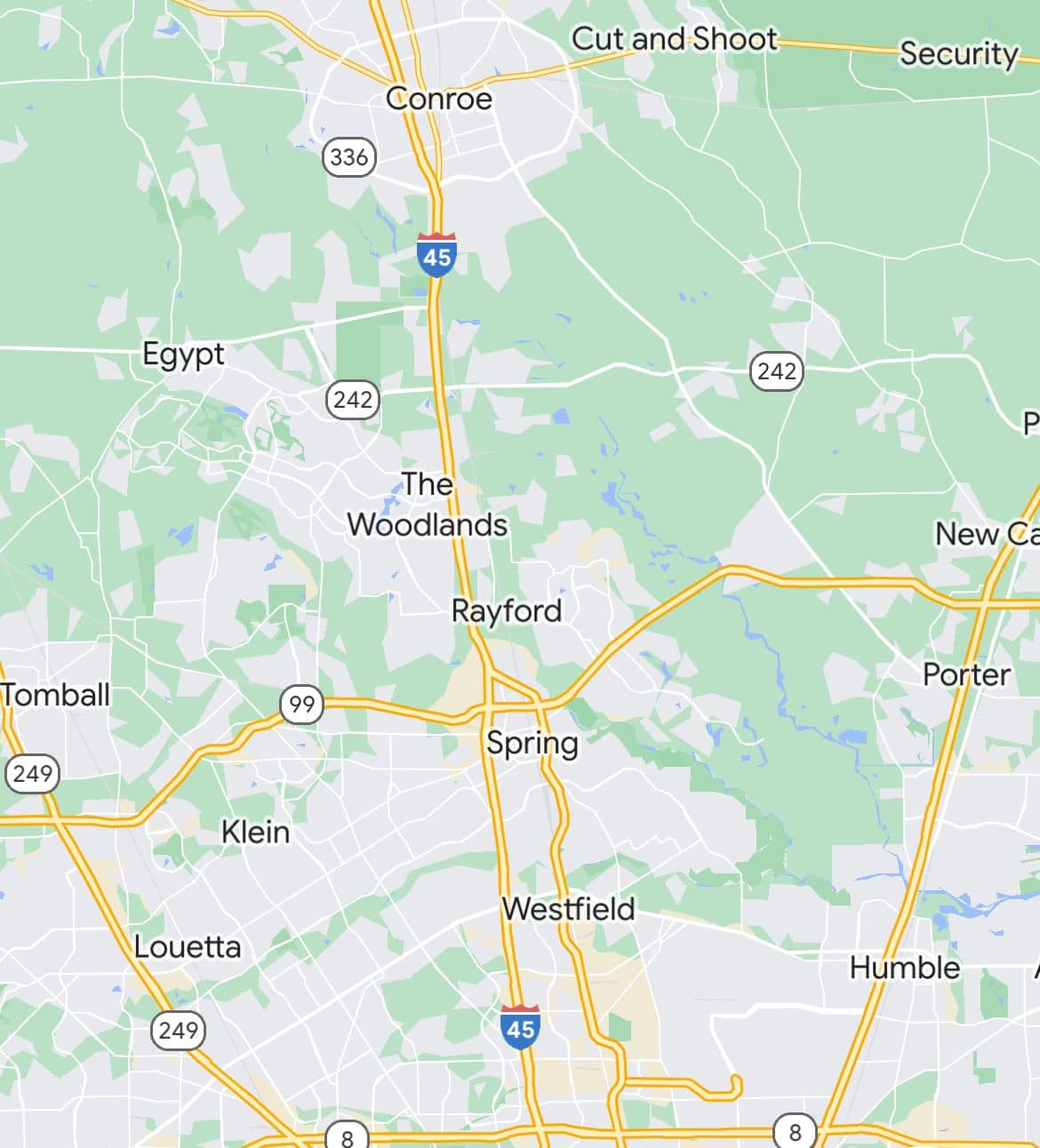 map that show: spring, humble, Conroe and the woodland area where we work