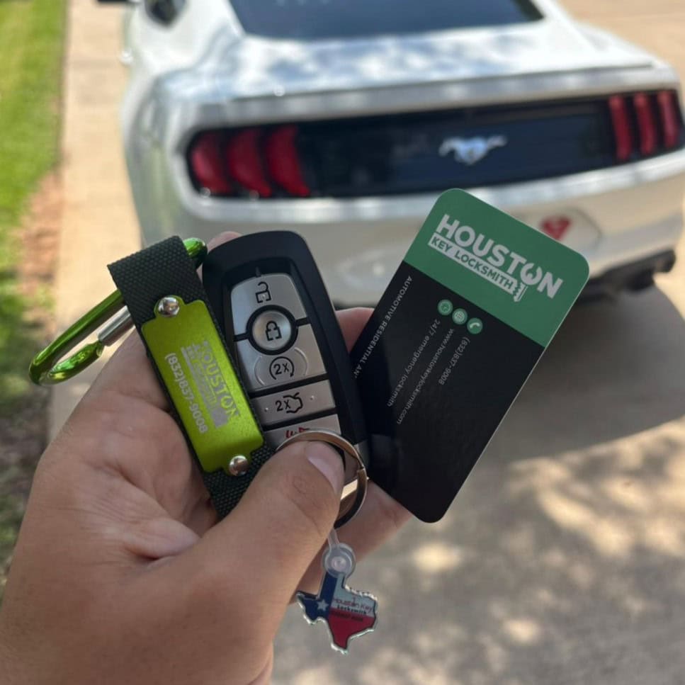 A locksmith holding a newly programmed car key fob in front of a white vehicle, demonstrating how a locksmith can make akey without the original