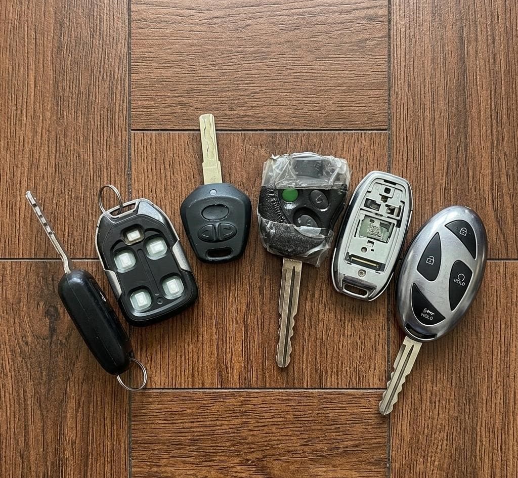 A collection of six different worn and damaged car keys and electronic key fobs arranged in a row on a brown wood tile background, illutsrating common wear and tear issues.