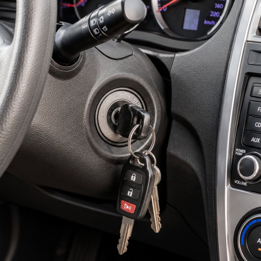 Close up view of a car key key being stuck in the ignition switch